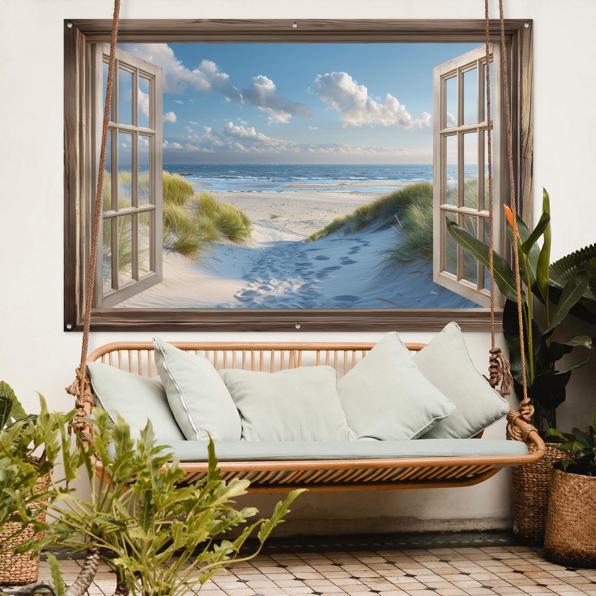 GARTENPOSTER Aussicht - Strand - Fenster - Dünen - Meer Poster für draußen 180x120 cm - Hellblau, Kunststoff (180/120/0.2cm) - OnlyWow