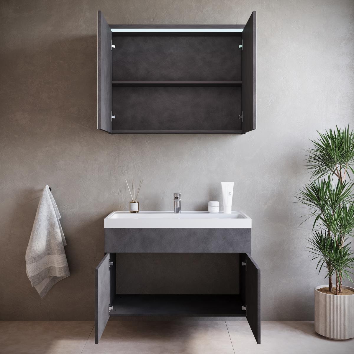 BADMÖBEL-SET Paso 3 Teile Dunkel Grau - 80 x 35 x 55 cm - Grau, Holz (80/55/20cm) - Badplaats