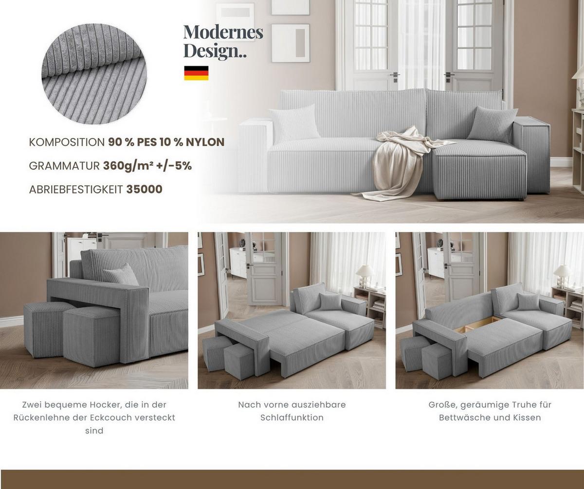 ECKSOFA PARIS mit Schlaffunktion und Bettkasten, Stoff Hellgrau - Hellgrau, Kunststoff/Textil (262/145cm) - Idohome
