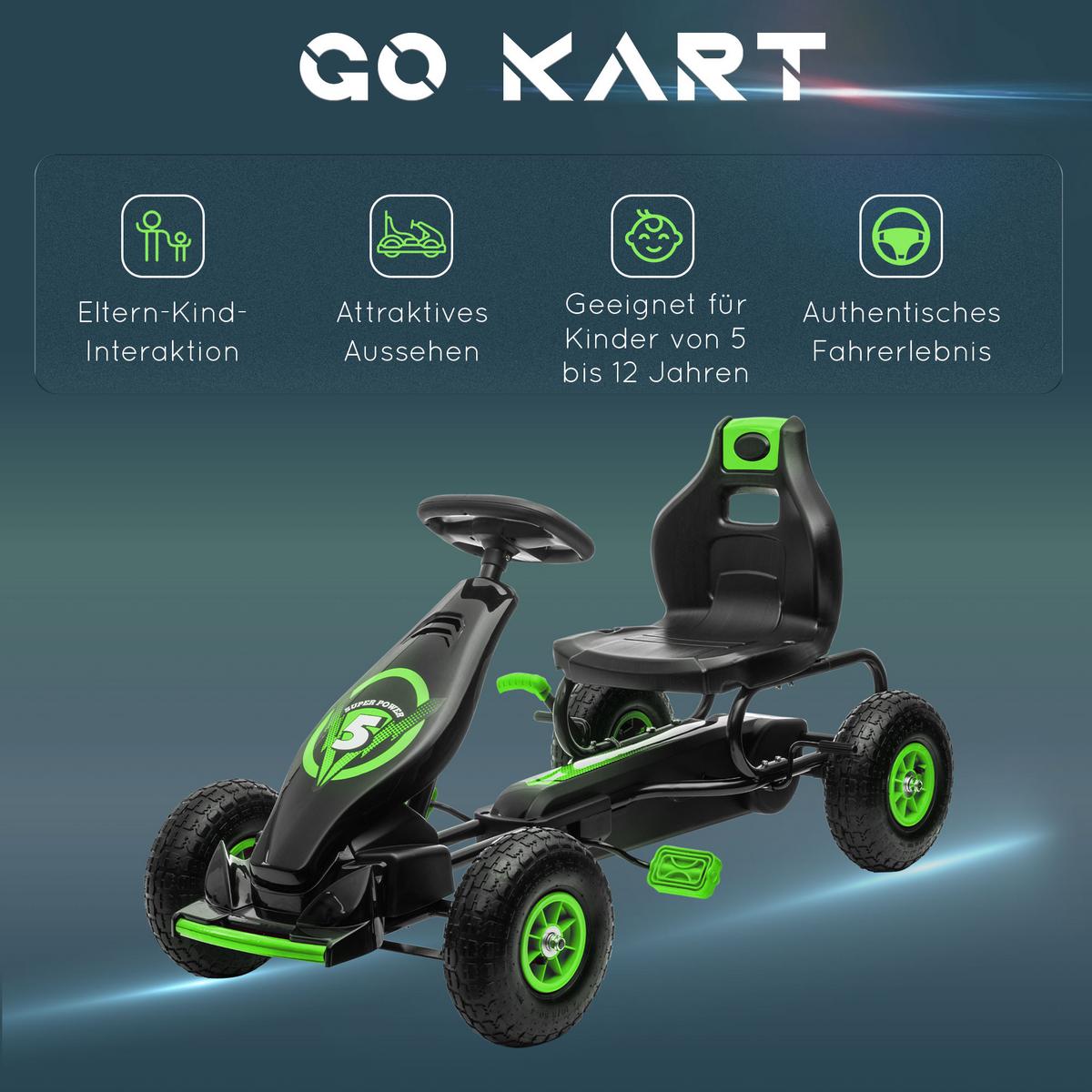 GOKART, Kinderfahrzeug mit verstellbarem Schalensitz, Tretauto, Grün+Schwarz - Grün, Metall (121/58/61cm) - HOMCOM