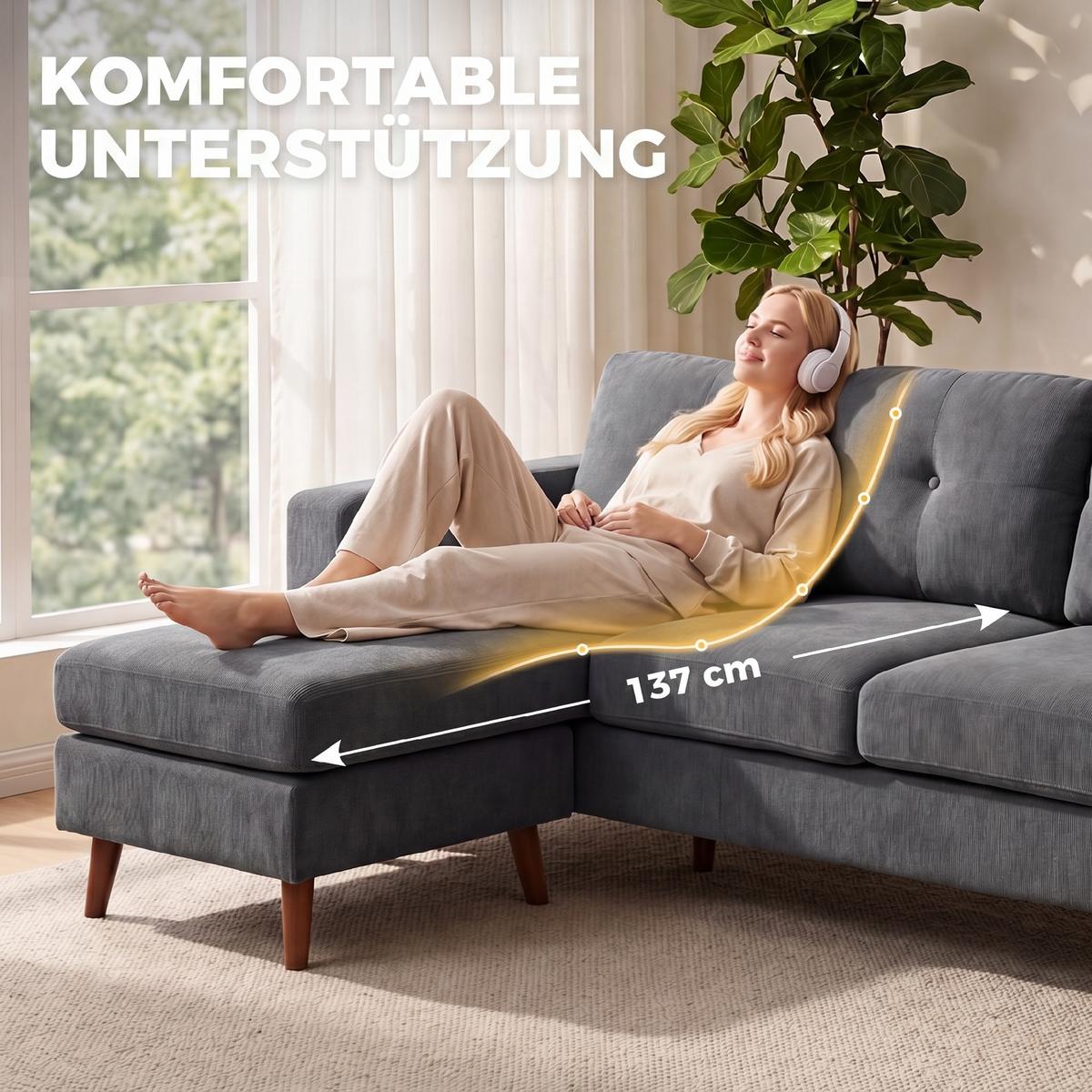 ECKSOFA Polyester Dunkelgrau - Dunkelgrau/Schwarz, Holzwerkstoff/Kunststoff (137/192cm) - HOMCOM
