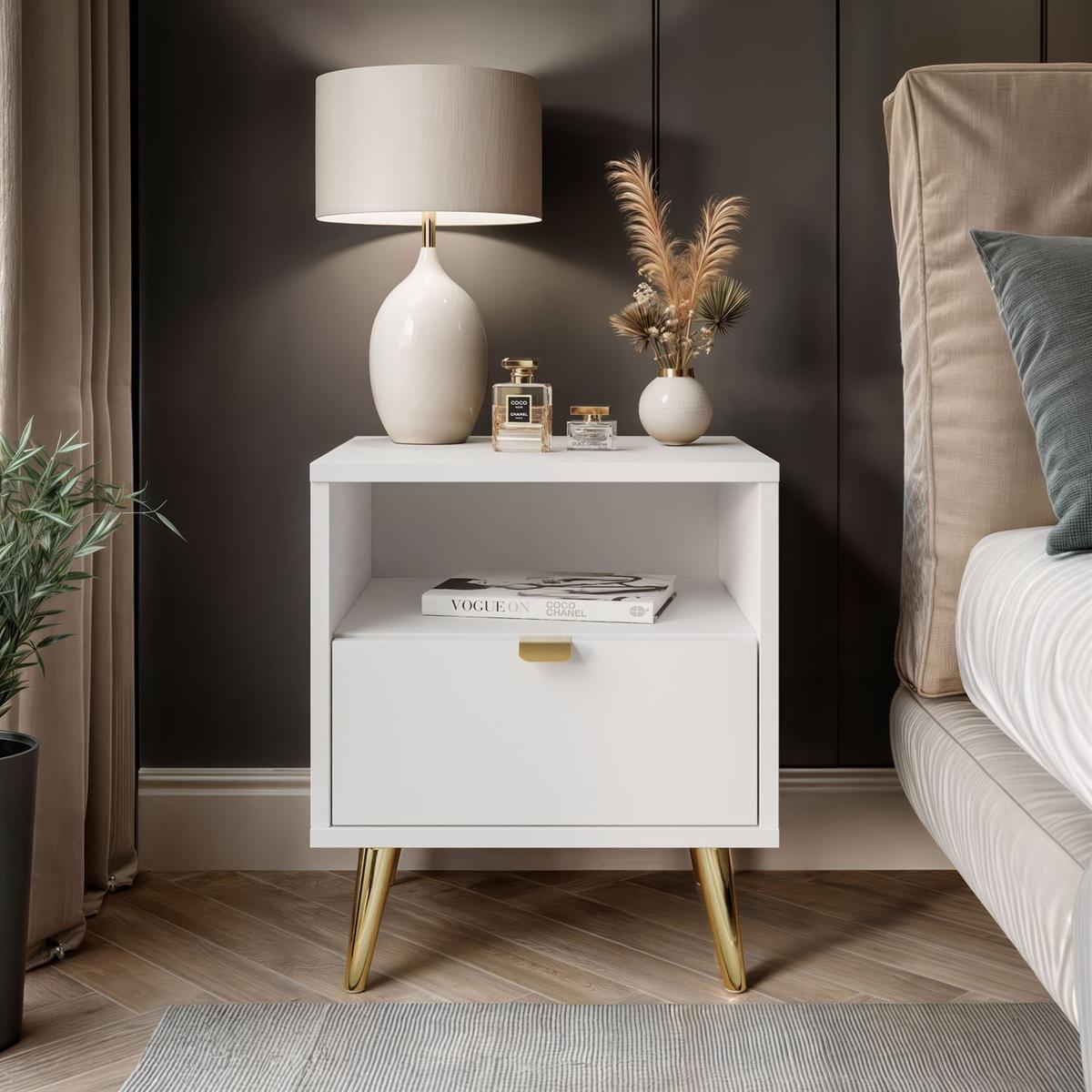 NACHTTISCH ALDO mit LED-Beleuchtung weiß - Weiß, Holzwerkstoff (38/46/33cm) - Lookway