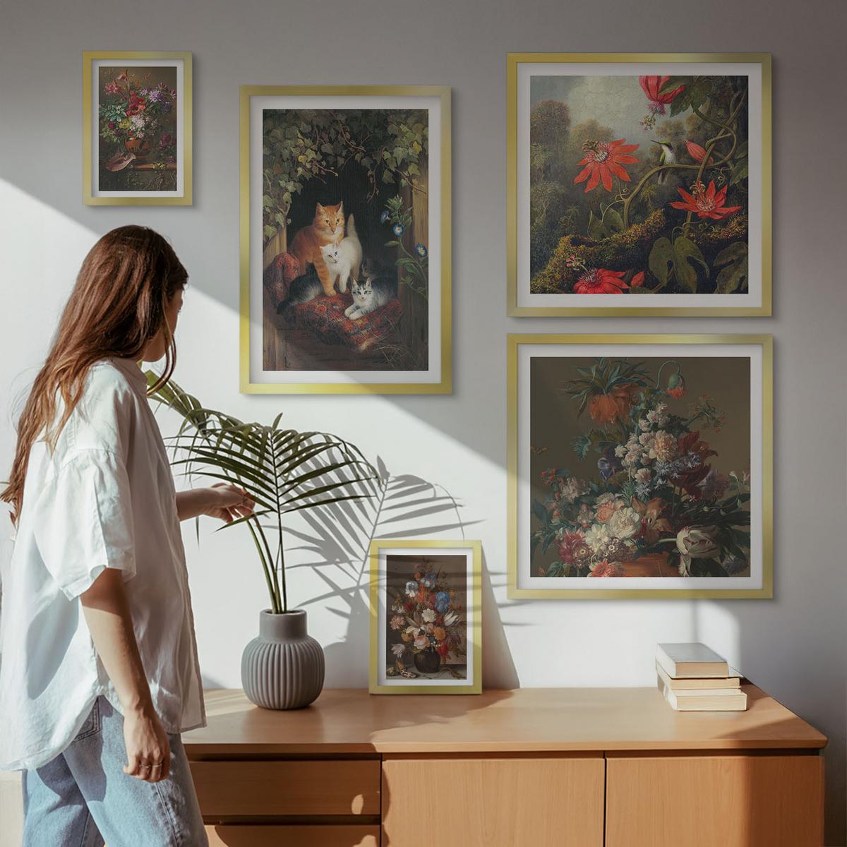 BILDER SET 5er Set - 50x50 cm & 20x30 cm & 40x60 cm Goldrahmen - Vintage-Blumen, Katzen, Pflanzen - Goldfarben, Kunststoff (40/60cm) - TULUP