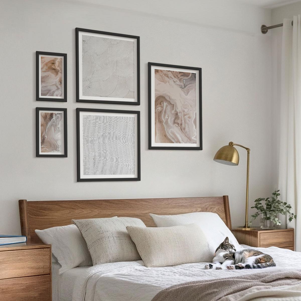 BILDER SET 5er Set - 50x50 cm & 20x30 cm & 40x60 cm Schwarzer Rahmen - Abstrakte Marmormuster aus Stein - Schwarz, Kunststoff (40/60cm) - TULUP