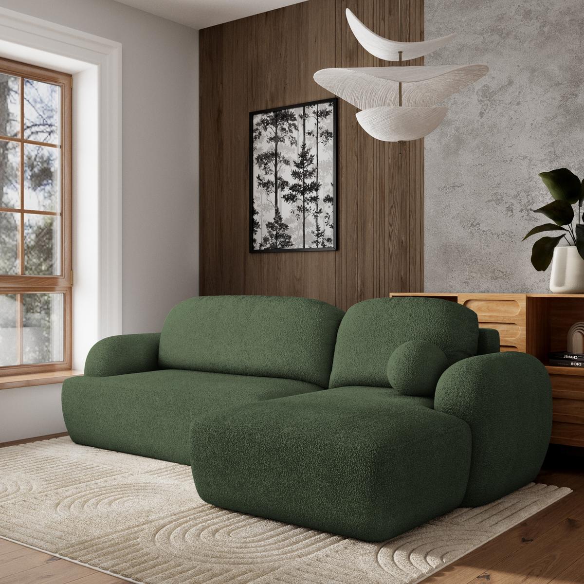 ECKSOFA MODENZA N R-S Grün Boucle-Stoff mit Schlaffunktion - Schwarz/Grün, Holz/Kunststoff (266/148cm) - MASSENO