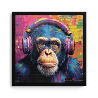 POSTER MIT RAHMENGERAHMTES BILD Graffiti - Schimpanse - Straßenkunst - Kopfhörer - Affe 40x40 cm - Blau, Papier (40/40cm) - MuchoWow