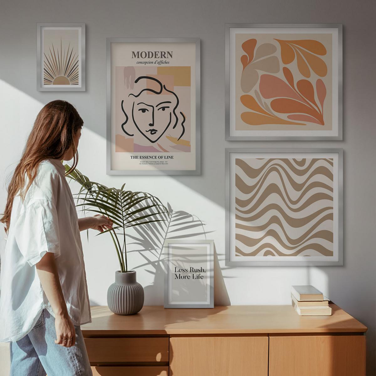 BILDER SET 5er Set - 50x50 cm & 20x30 cm & 40x60 cm Silberner Rahmen - Sonnen-Boho-Pastelltönen - Silberfarben, Kunststoff (40/60cm) - TULUP