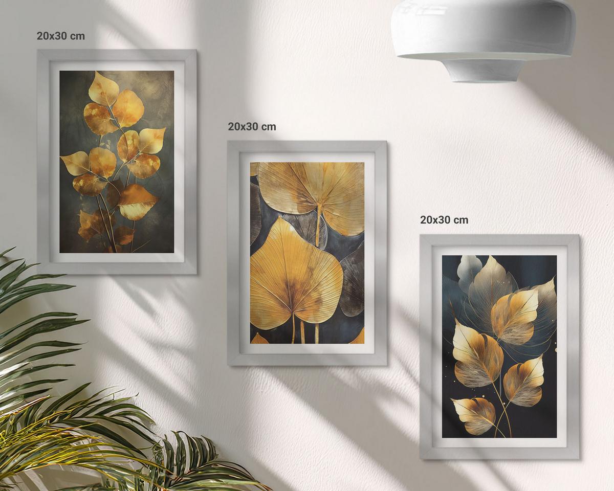 BILDER SET 3er Set - 20x30 cm Silberner Rahmen - Gelbe Blätter auf dunklem Hintergrund - Silberfarben, Kunststoff (20/30cm) - TULUP