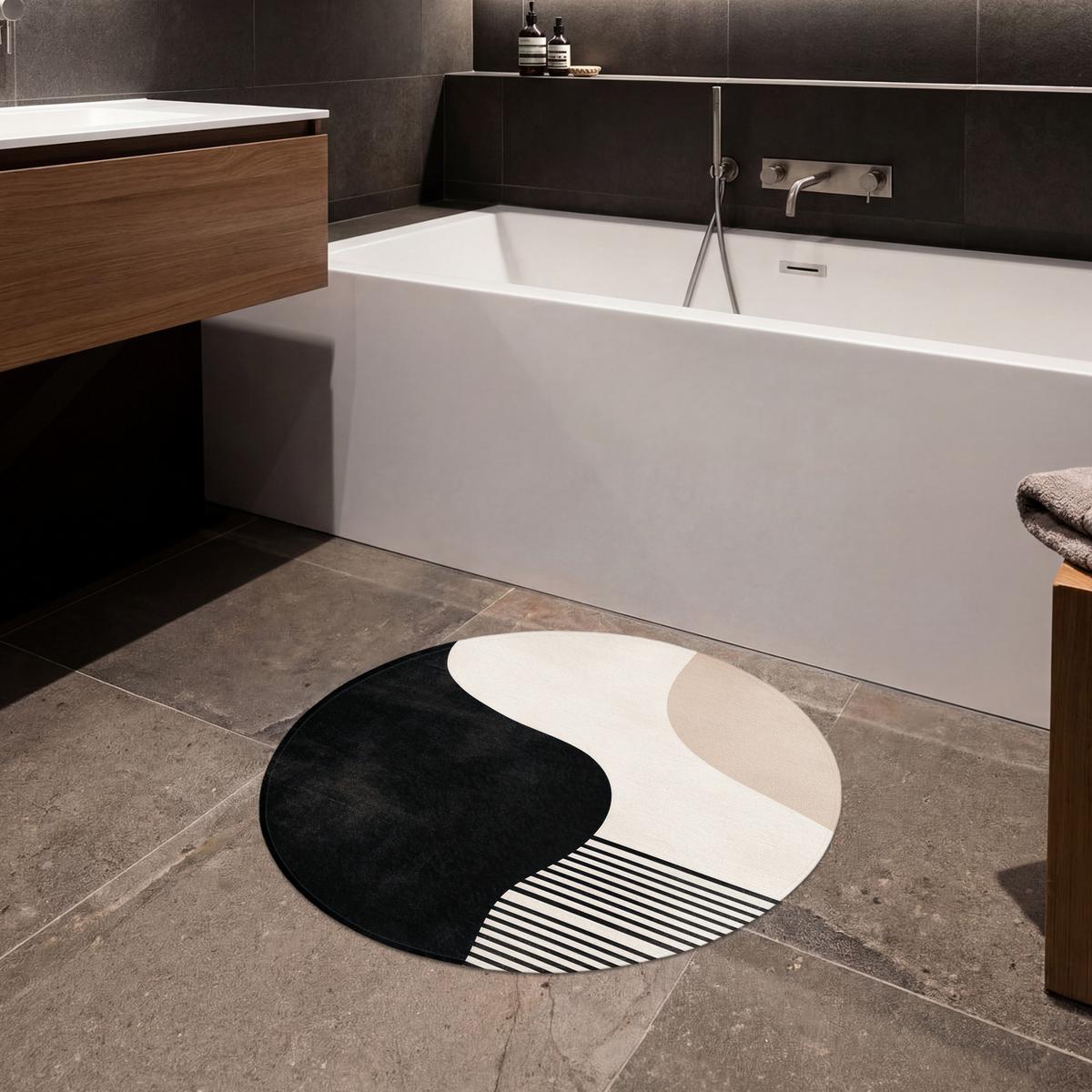 BADEMATTE Abstrakt - Japandi - Beige - Modern Badvorleger 70x70 cm - Beige/Schwarz, Textil (70/70cm) - OnlyWow