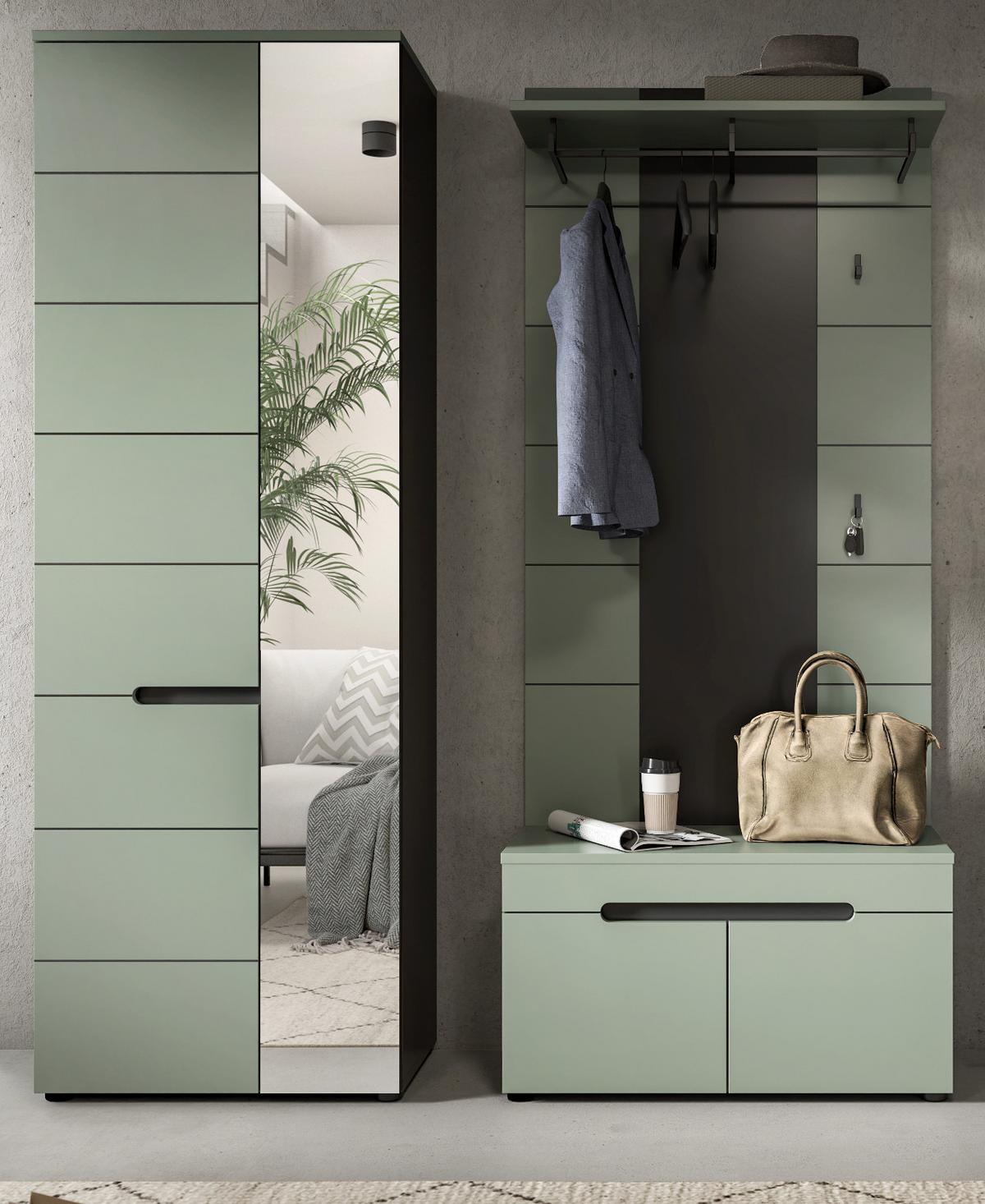 GARDEROBE-SET Salbei Grün und Grau, Garderobe 3-teilig 160 x 190 cm mit Soft-Close - Salbeigrün/Dunkelgrau, Holzwerkstoff/Kunststoff (160/190/37cm) - Inn.Furn