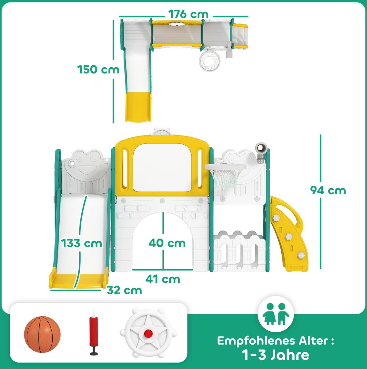 KINDERRUTSCHE 7 in 1 Indoor und Outdoor Babyrutsche mit Basketballkorb, Gelb - Gelb, Kunststoff (150/94/176cm) - AIYAPLAY