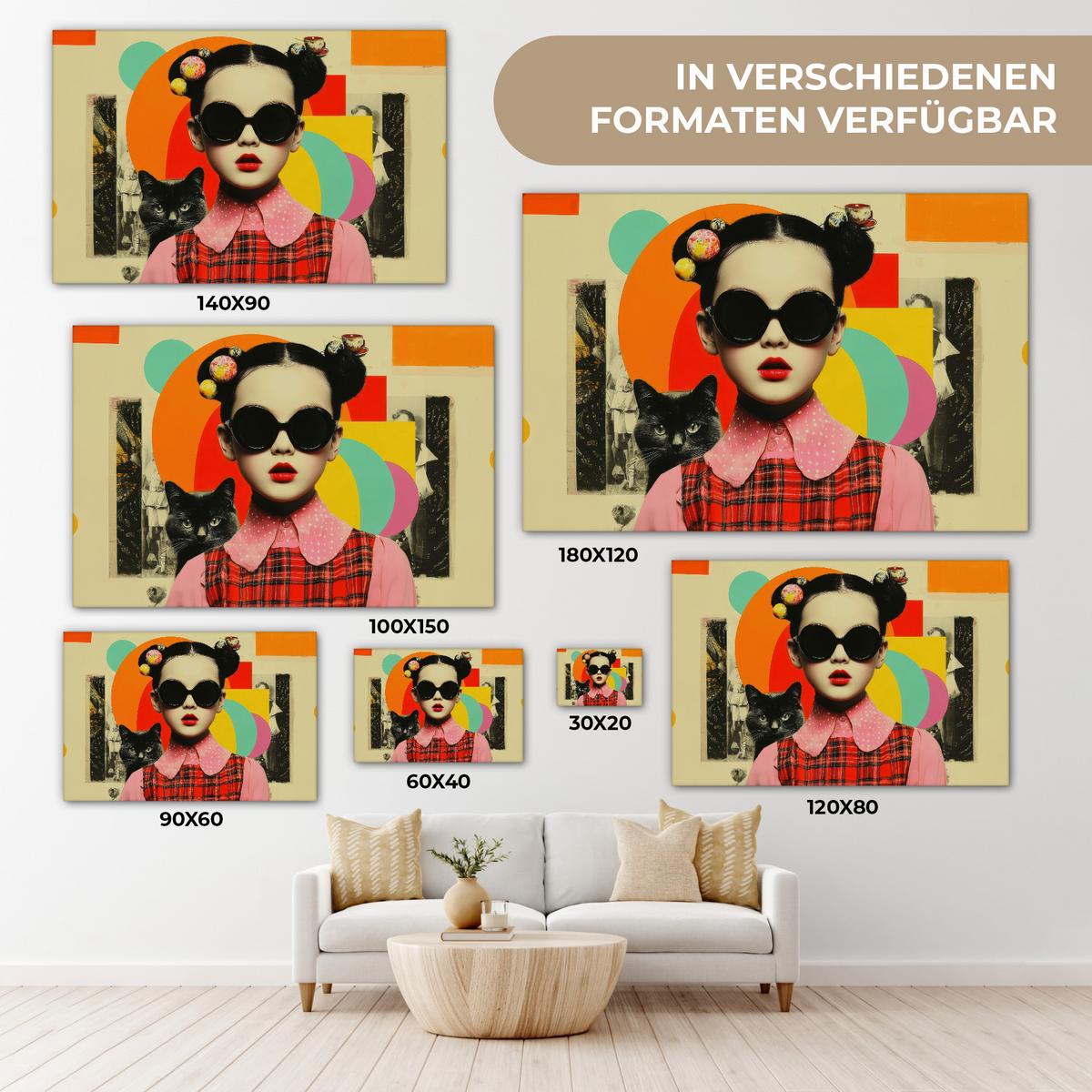 LEINWANDBILD Mädchen - Sonnenbrille - Katze - Retro Gemälde 60x40 cm - Beige, Textil (60/40cm) - MuchoWow