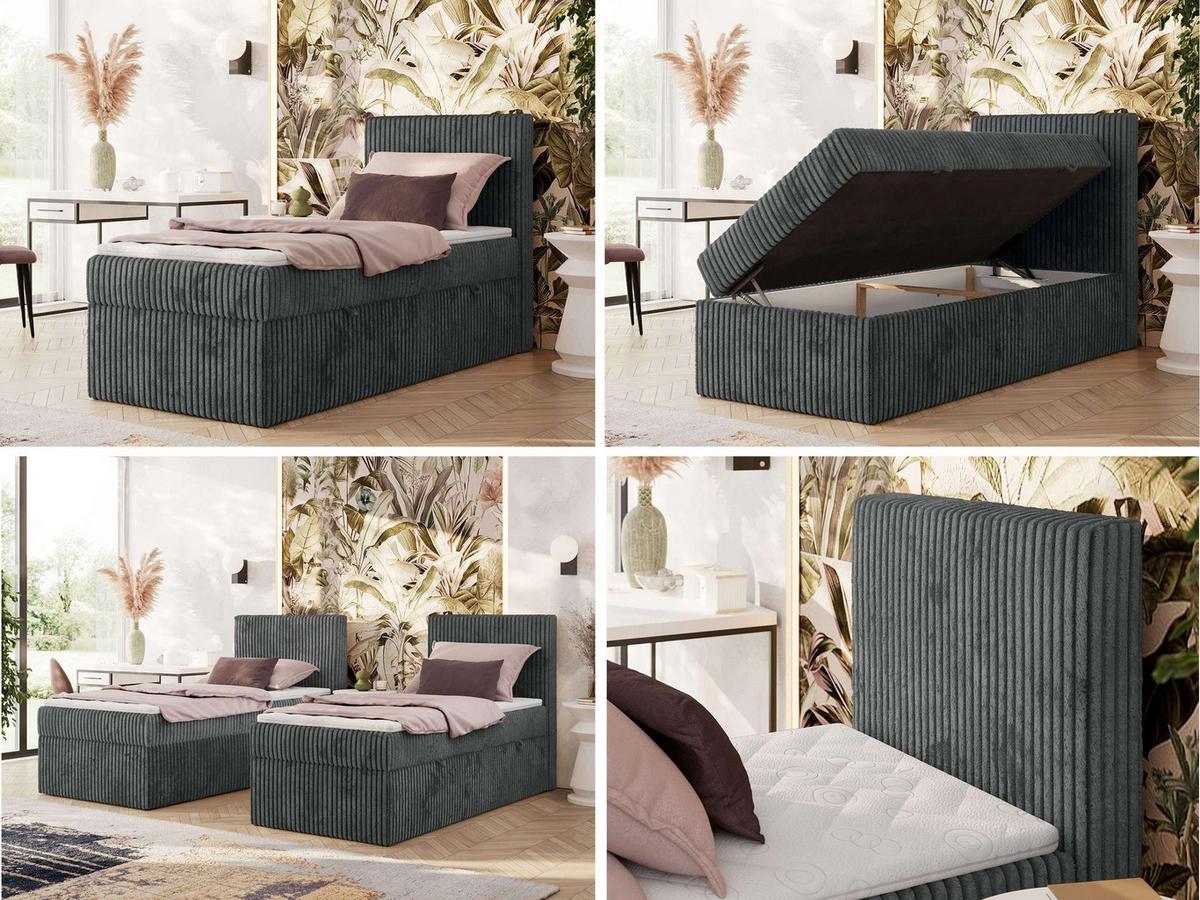 BOXBETT TILIANO 90/200 - Grau Cord - H3 - Visco Topper - Rechts - Grau, Textil (90/200cm) - MKS