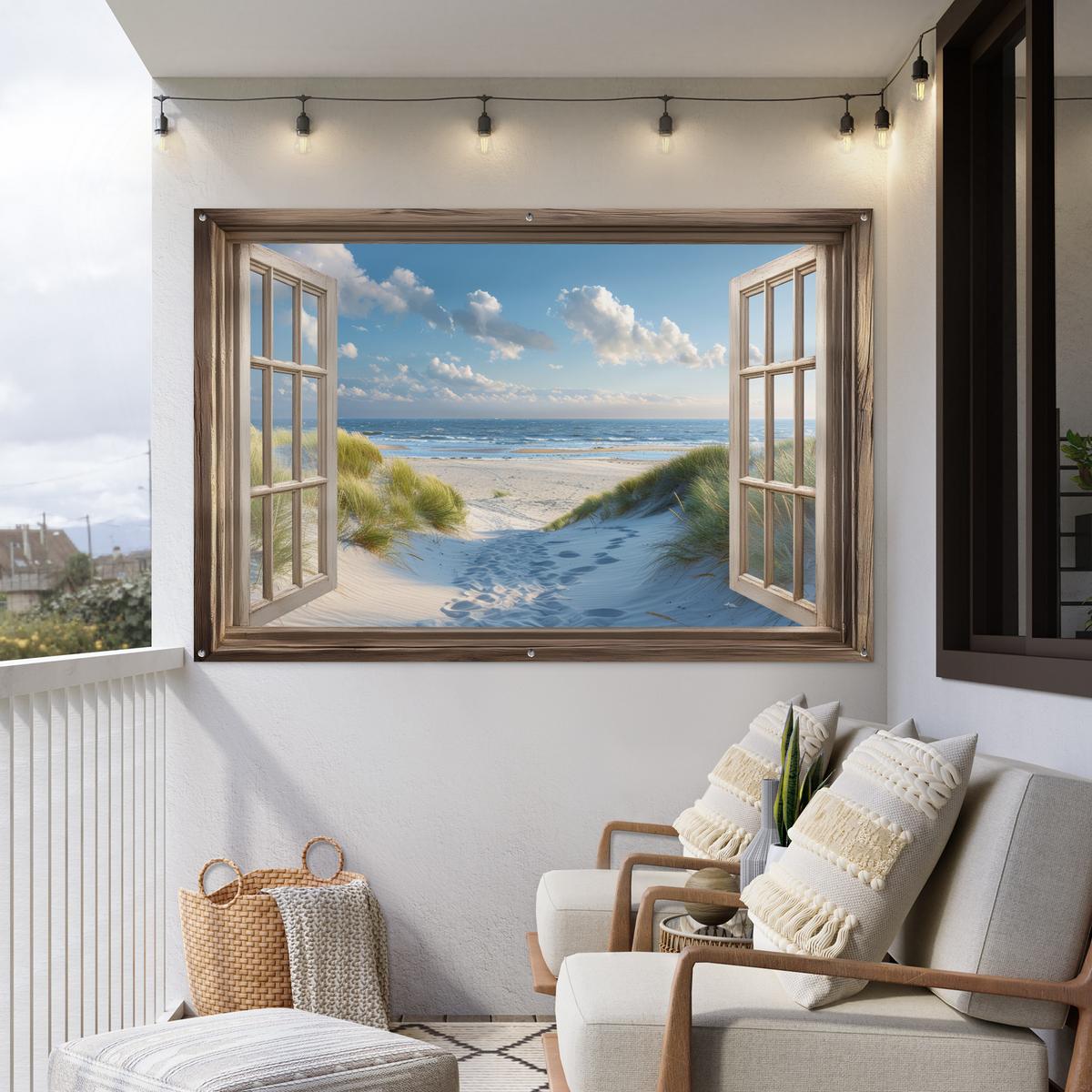 GARTENPOSTER Aussicht - Strand - Fenster - Dünen - Meer Poster für draußen 180x120 cm - Hellblau, Kunststoff (180/120/0.2cm) - OnlyWow