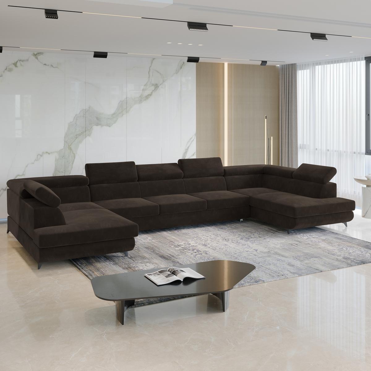 WOHNLANDSCHAFT URMANO Braun Velours-Stoff mit Schlaffunktion - Braun, Holz (395/89/190cm) - MASSENO
