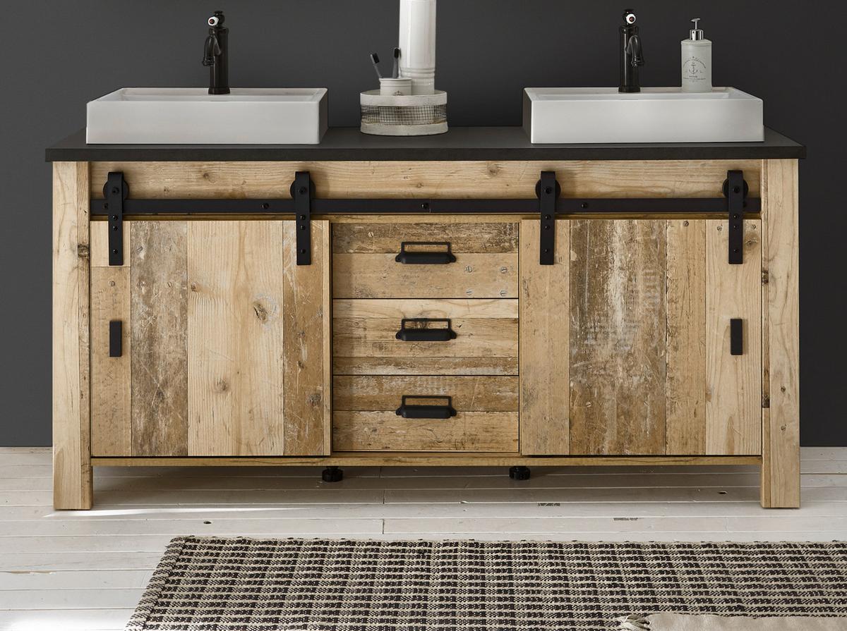 DOPPELWASCHTISCH Used Wood hell, anthrazit, Waschtisch Komplett-Set inkl. 2x Waschbecken, 164 cm - Eichefarben/Anthrazit, Holz/Holzwerkstoff (164/81/43cm) - Furn.Design