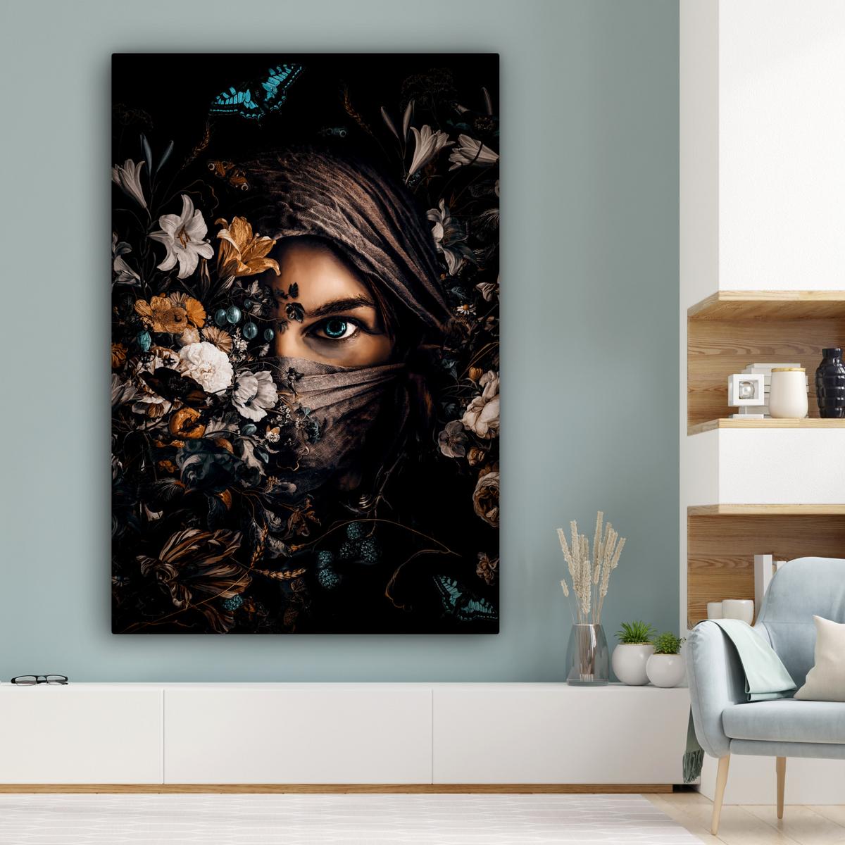 LEINWANDBILD Frau - Luxus - Blumen - Schmetterling - Porträt Deko Groß 90x140 cm - Schwarz, Textil (90/140cm) - MuchoWow