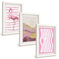 BILDER SET 3er Set - 20x30 cm Weißer Rahmen - Pastelllandschaft mit rosa Flamingos - Weiß, Kunststoff (20/30cm) - TULUP