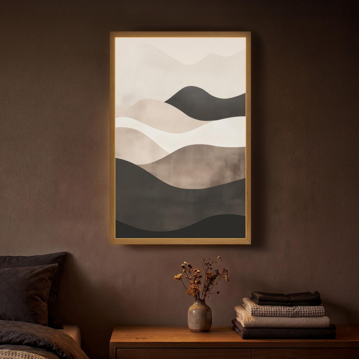 WANDLEUCHTE MIT AKKU Abstrakt - Landschaft - Wellen - Cremefarben 40x60 cm - Graubraun, Holzwerkstoff (40/60/8cm) - OnlyWow