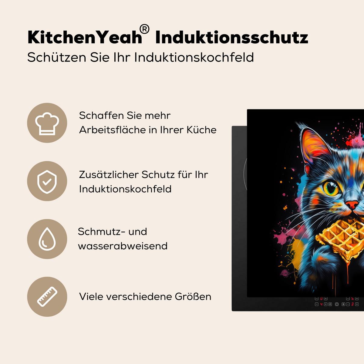 HERDABDECKPLATTE Katze - Graffiti - Bunt - Waffel - Essen Abdeckung Ceranfeld 59x51 cm - Multicolor, Kunststoff (59/51/0.2cm) - MuchoWow