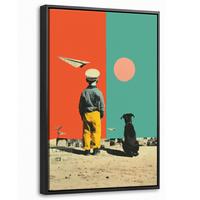 LEINWAND Bilder mit Rahmen - Retro - Junge - Hund - Rot - Grün - 40x60 - Orange, Textil (40/60cm) - MuchoWow