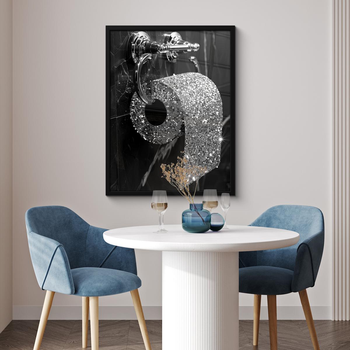 POSTER MIT RAHMEN WC - Toilettenpapier - Schwarz und weiß - Glitter Posterleiste 60x80 cm - Silberfarben, Papier (60/80cm) - MuchoWow
