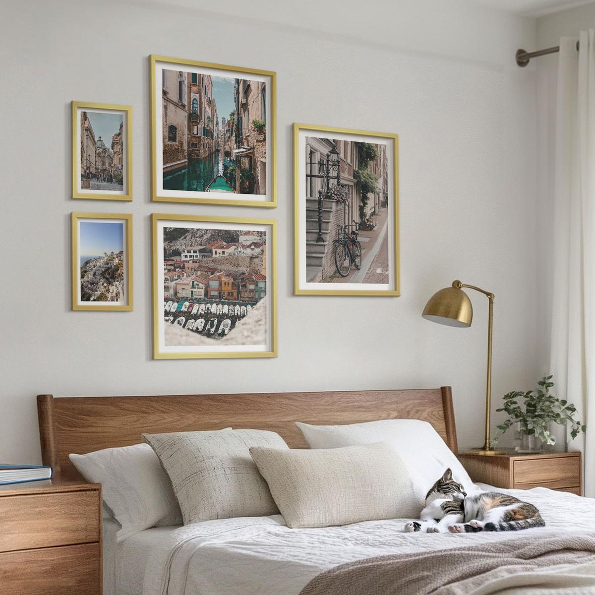BILDER SET 5er Set - 50x50 cm & 20x30 cm & 40x60 cm Goldrahmen - Blattmuster Marmor abstrakt - Goldfarben, Kunststoff (40/60cm) - TULUP