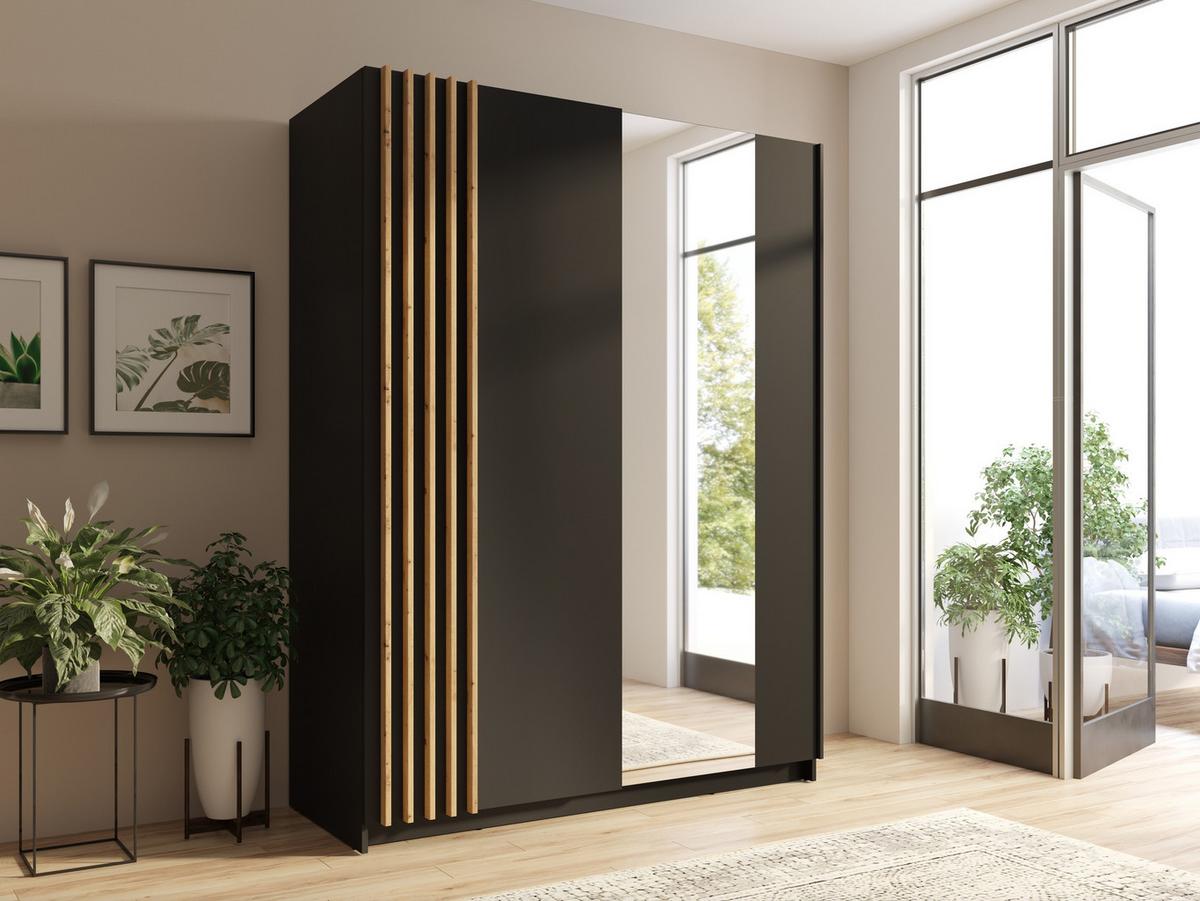 SCHWEBETÜRENSCHRANK RANOR 150,6/198,5/62cm 2-türig mit Spiegel Schwarz - Schwarz/Eiche Artisan, Holzwerkstoff (150.6/198.5/62cm) - MASSENO