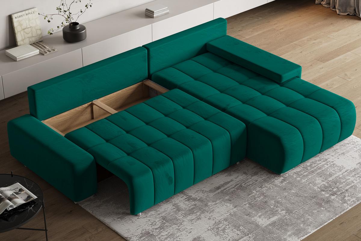 ECKSOFA ALESE R-S Grün Velours-Stoff mit Schlaffunktion - Silberfarben/Grün, Holz/Textil (265/185cm) - MASSENO