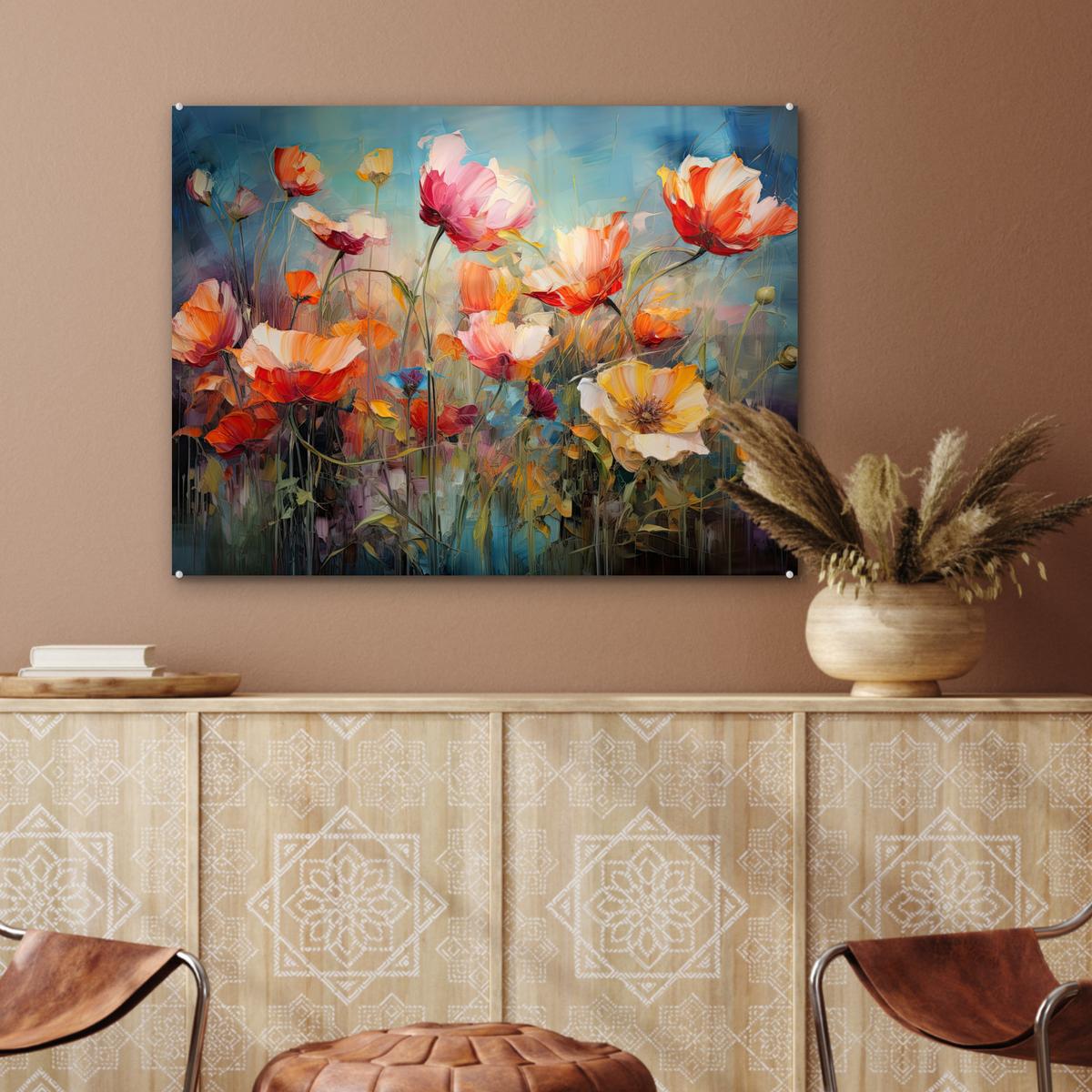 ACRYLGLASBILD Blumen - Aquarell - Kunst - Botanisch - Natur 80x60 cm - Orange, Glas (80/60cm) - MuchoWow