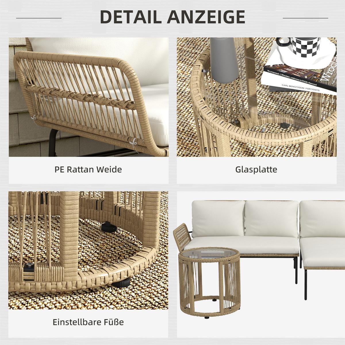 GARTENSET mit Sitzkissen, Balkonmöbel-Set für Garten, Terrasse, Creme - Naturfarben, Kunststoff - Outsunny