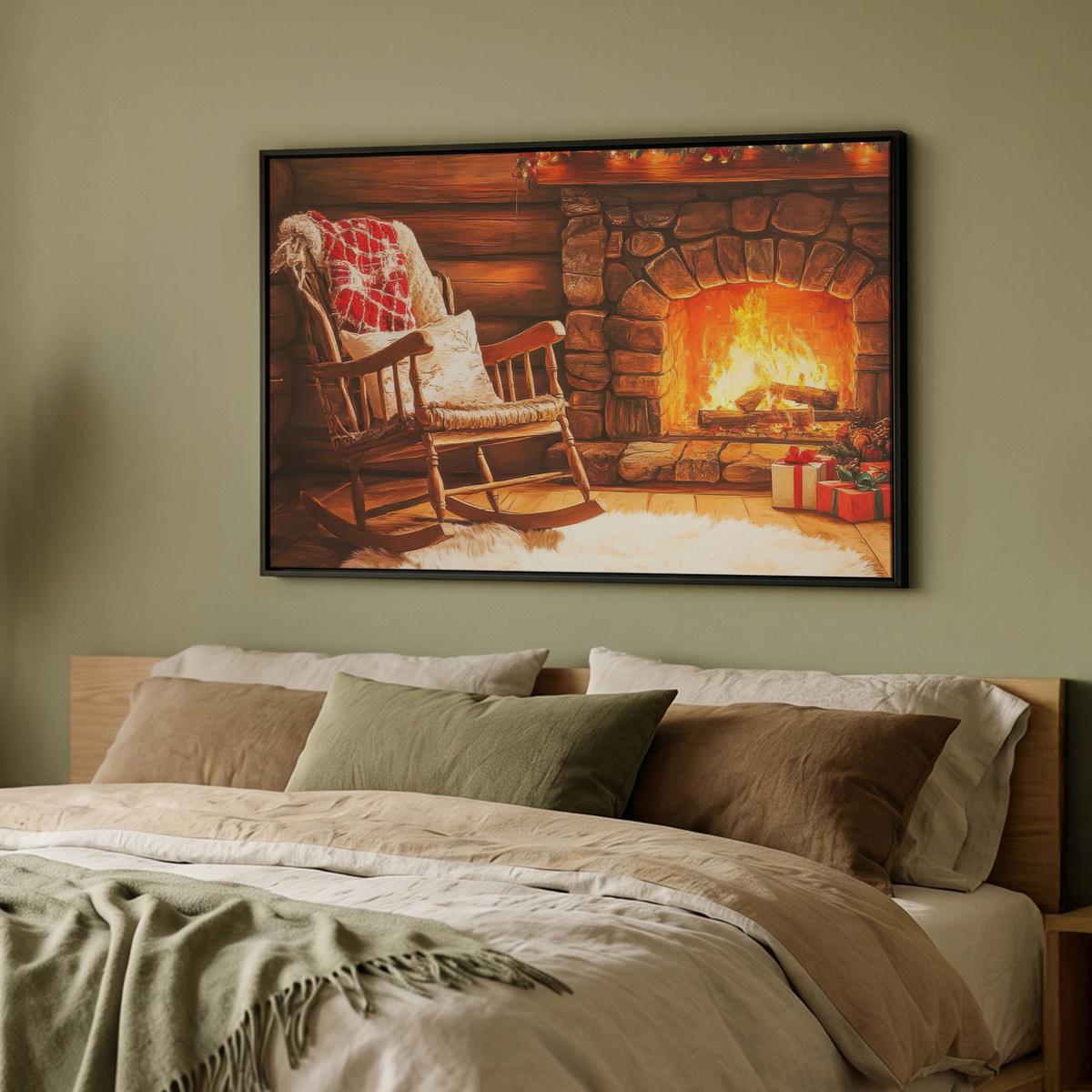 LEINWAND Bilder mit Rahmen - Winter - Weihnachten - Zuhause - Kamin - 90x60 - Bernsteinfarben, Textil (90/60cm) - MuchoWow