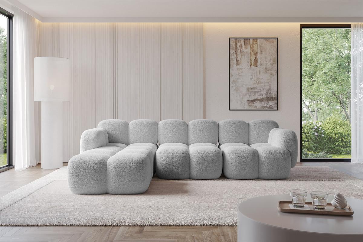 ECKSOFA modulares Sofa Links Miko-L2 302x205x75 Hellgrau Bouclé - Edelstahlfarben/Schwarz, Holzwerkstoff/Kunststoff (302/205cm) - ALTDECOR
