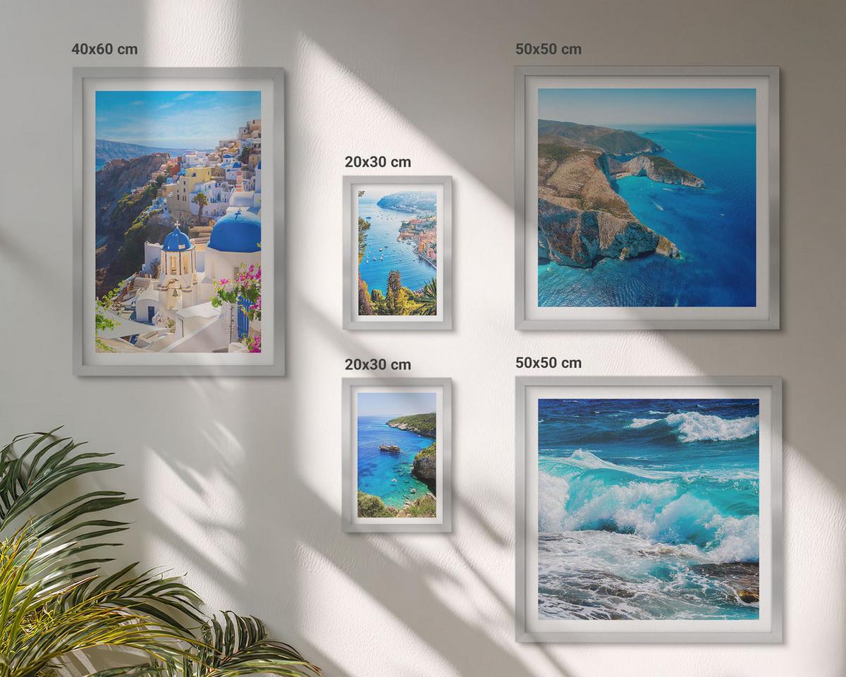 BILDER SET 5er Set - 50x50 cm & 20x30 cm & 40x60 cm Silberner Rahmen - Griechische Ansichten von Santorin Oia - Silberfarben, Kunststoff (40/60cm) - TULUP