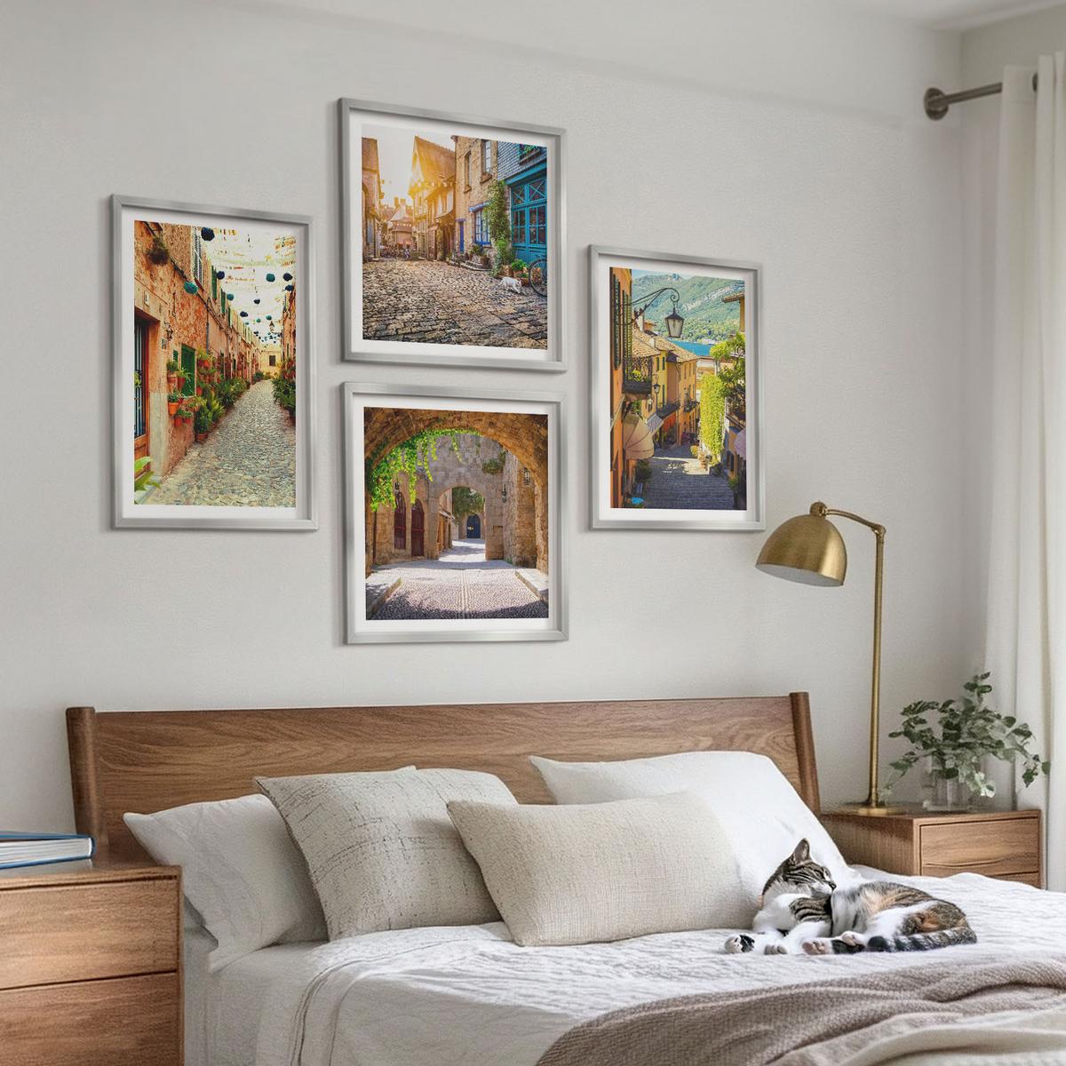 BILDER SET 4er Set - 50x50 cm & 40x60 cm Silberner Rahmen - Charmante Straßen mit Steinen - Silberfarben, Kunststoff (50/50cm) - TULUP