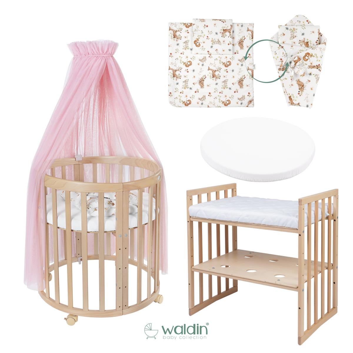 BABYBETT NATUR OVAL 7in1 mit Matratze und Himmelset - Naturfarben/Rosa, Holz/Textil (73/125cm) - waldin