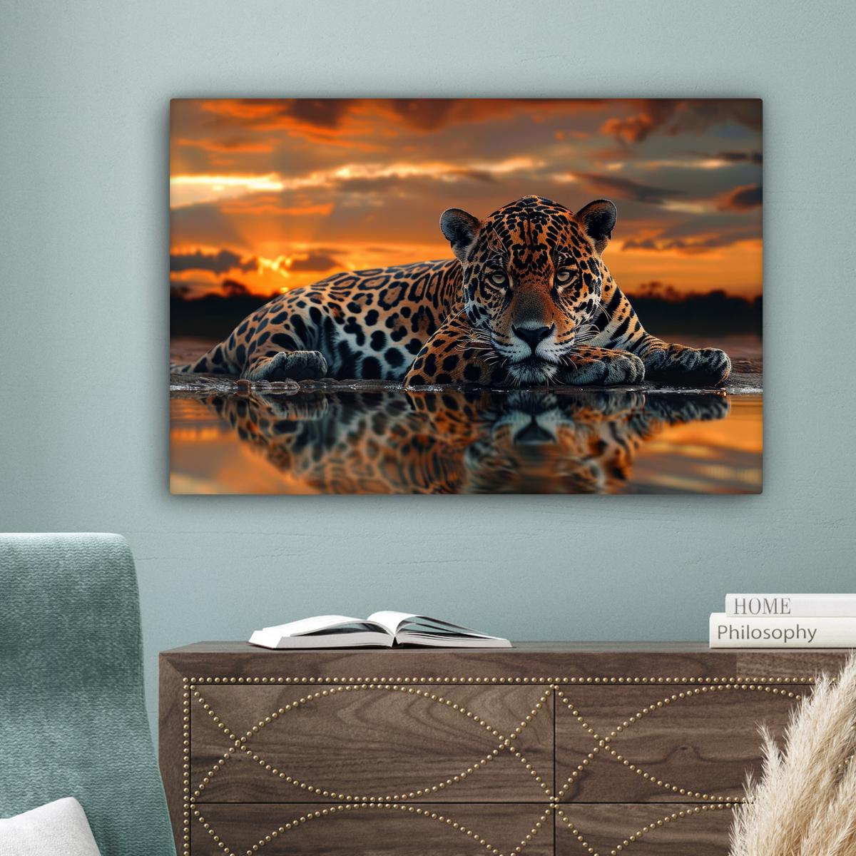 LEINWANDBILD Natur - Leopard - Tier - Sonnenuntergang - Modern Gemälde 60x40 cm - Orange, Textil (60/40cm) - MuchoWow