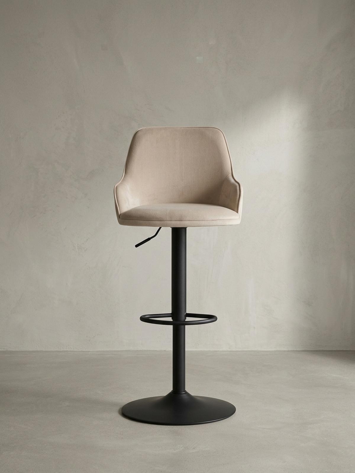 BARHOCKER Samt Lehne Höhenverstellbar Trompetenfuß Armlehne Gepolstert, Beige 45x45x106 cm - Beige/Schwarz, Textil/Metall (45/106/45cm) - KADIMA DESIGN