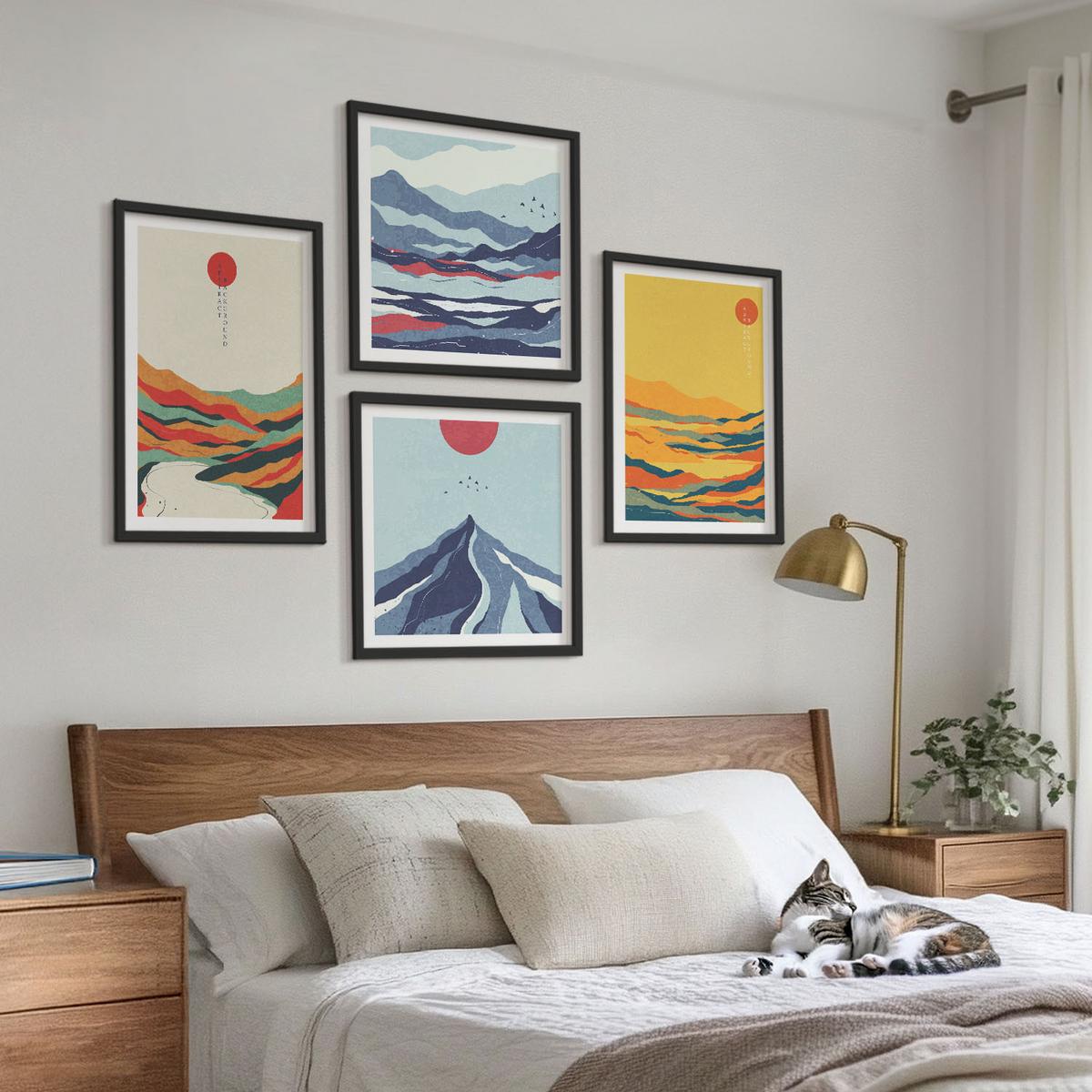 BILDER SET 4er Set - 50x50 cm & 40x60 cm Schwarzer Rahmen - Farbenfrohe abstrakte Flussberge - Schwarz, Kunststoff (50/50cm) - TULUP