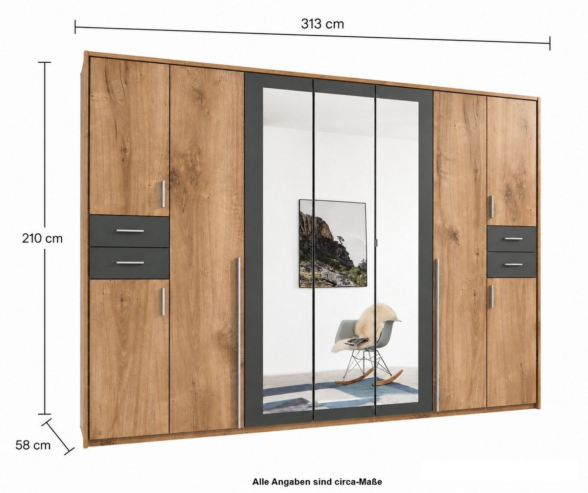 DREHTÜRENSCHRANK B313/H210/T58 cm in Eiche Dekor mit Absetzungen in Grafit, Kleiderschrank mit Passepartout & 3 Spiegeltüren & Schubkästen / 22582 - Eichefarben/Silberfarben, Holzwerkstoff/Kunststoff (313/210/58cm) - luma-home