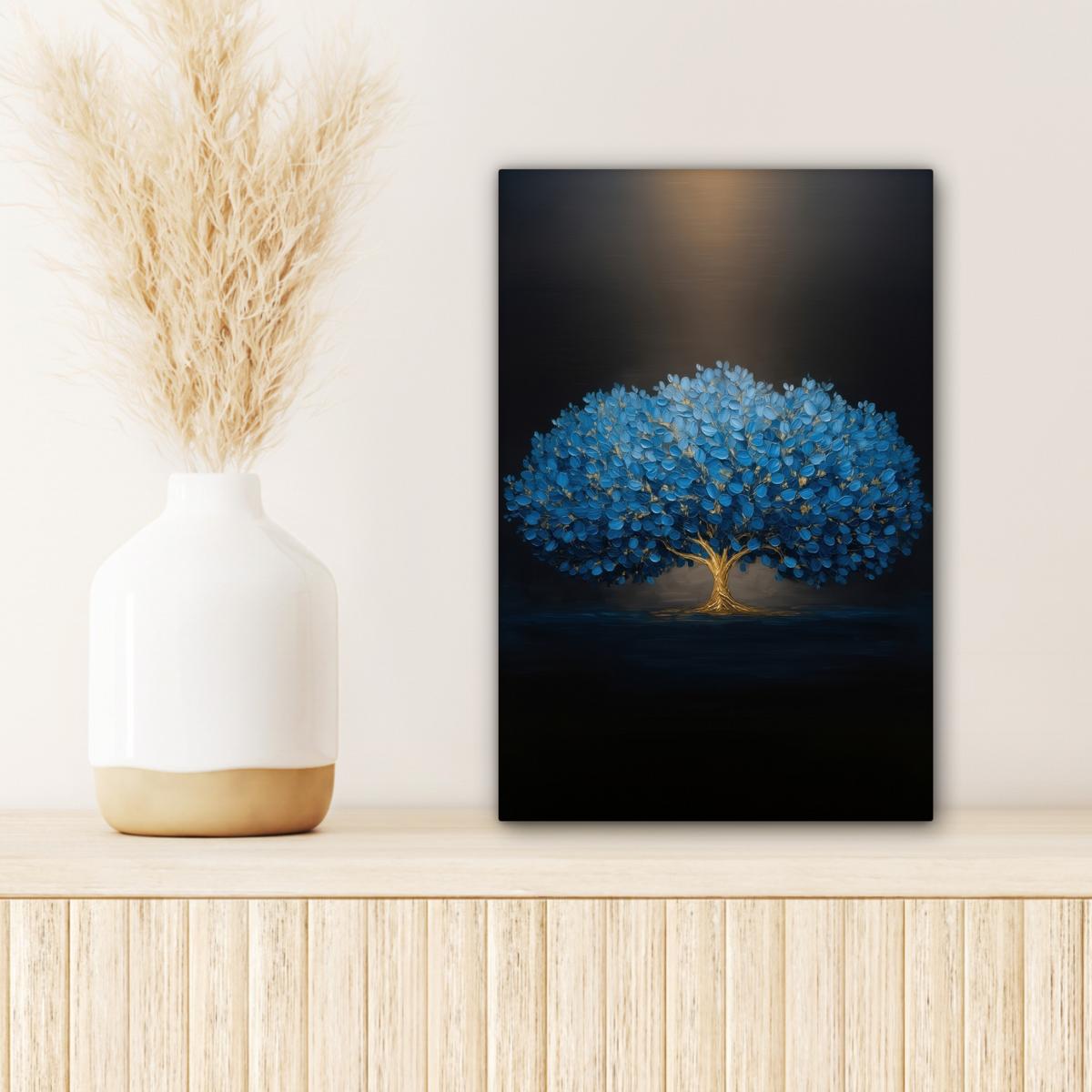 LEINWANDBILD Baum - Blau - Blätter - Pinselstriche Deko Wohnzimmer 20x30 cm - Blau, Textil (20/30cm) - MuchoWow