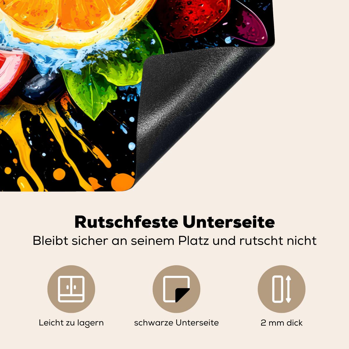 HERDABDECKPLATTE Obst - Graffiti - Bunt - Orange - Erdbeere - Abstrakt Induktionsschutz 81.6x52.7 cm - Orange, Kunststoff (81.6/52.7/0.2cm) - MuchoWow