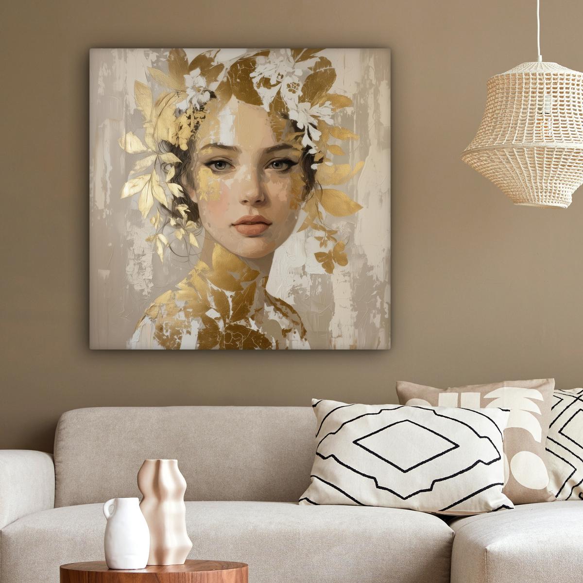 LEINWANDBILD Gesicht - Frau - Blätter - Gold Deko Groß 90x90 cm - Beige, Textil (90/90cm) - MuchoWow