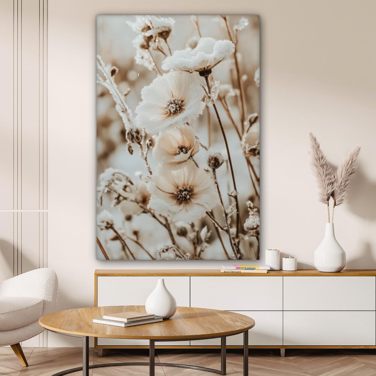 LEINWANDBILD Blumen - Winter - Weiß - Schnee - Beige Deko XXL 80x120 cm - Creme, Textil (80/120cm) - MuchoWow