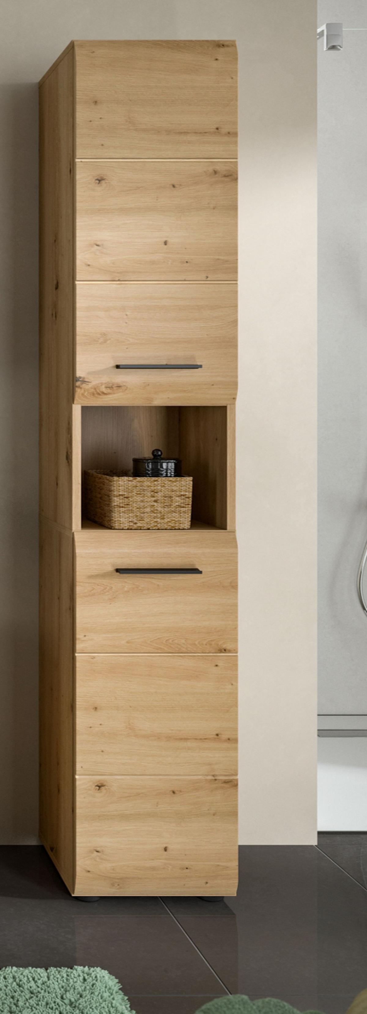 HOCHSCHRANK Eiche Artisan, Badschrank 30 x 185 cm, 7 Fächer, Türanschlag wechselbar - Schwarz/Eiche Artisan, Holzwerkstoff/Kunststoff (30/185/30cm) - Inn.Furn