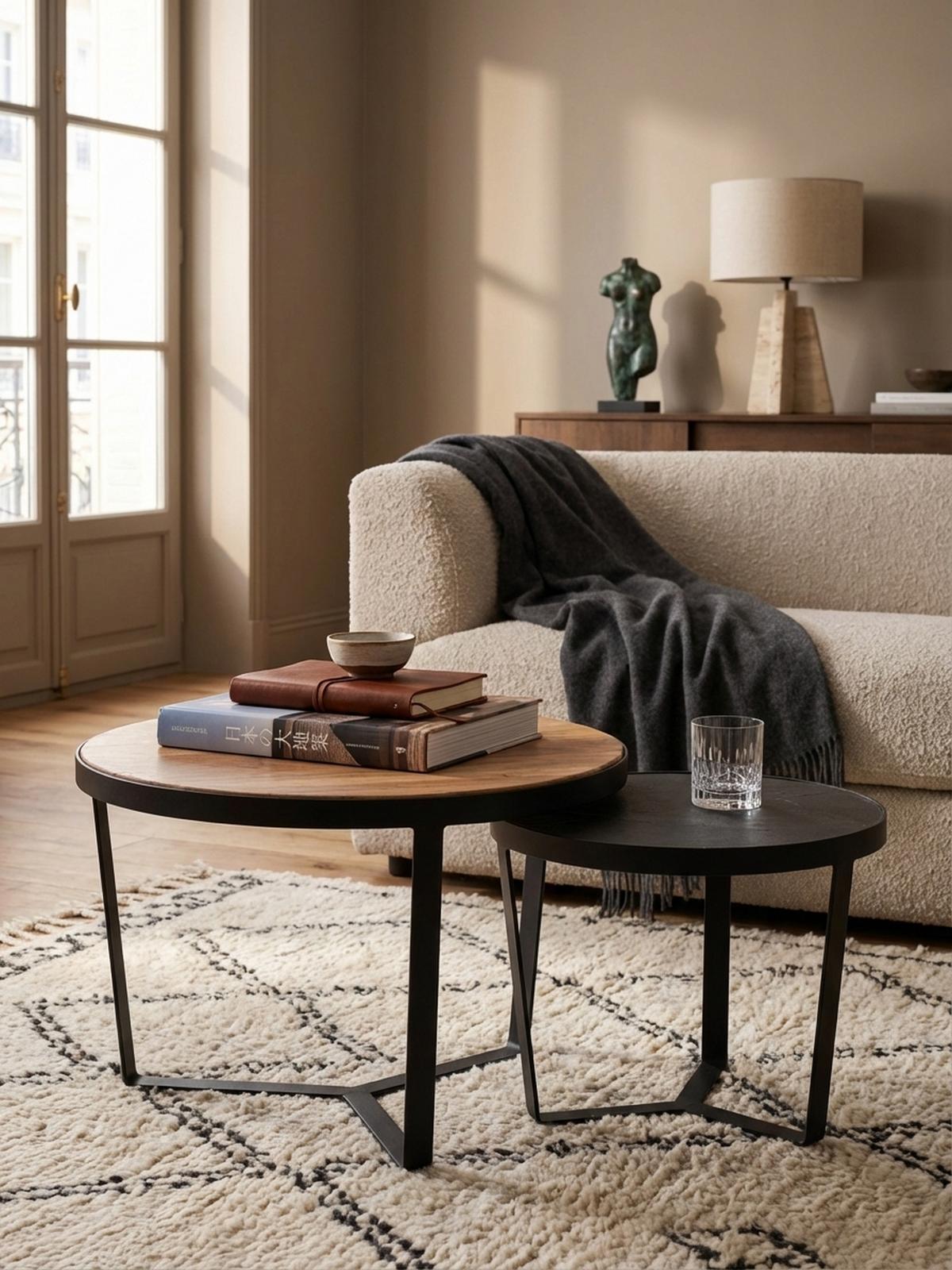 COUCHTISCH Set rund – Akazie Massivholz, Steinoptik, Metallgestell, Braun-Anthrazit - Schwarz, Holz/Metall (60/60/40cm) - KADIMA DESIGN