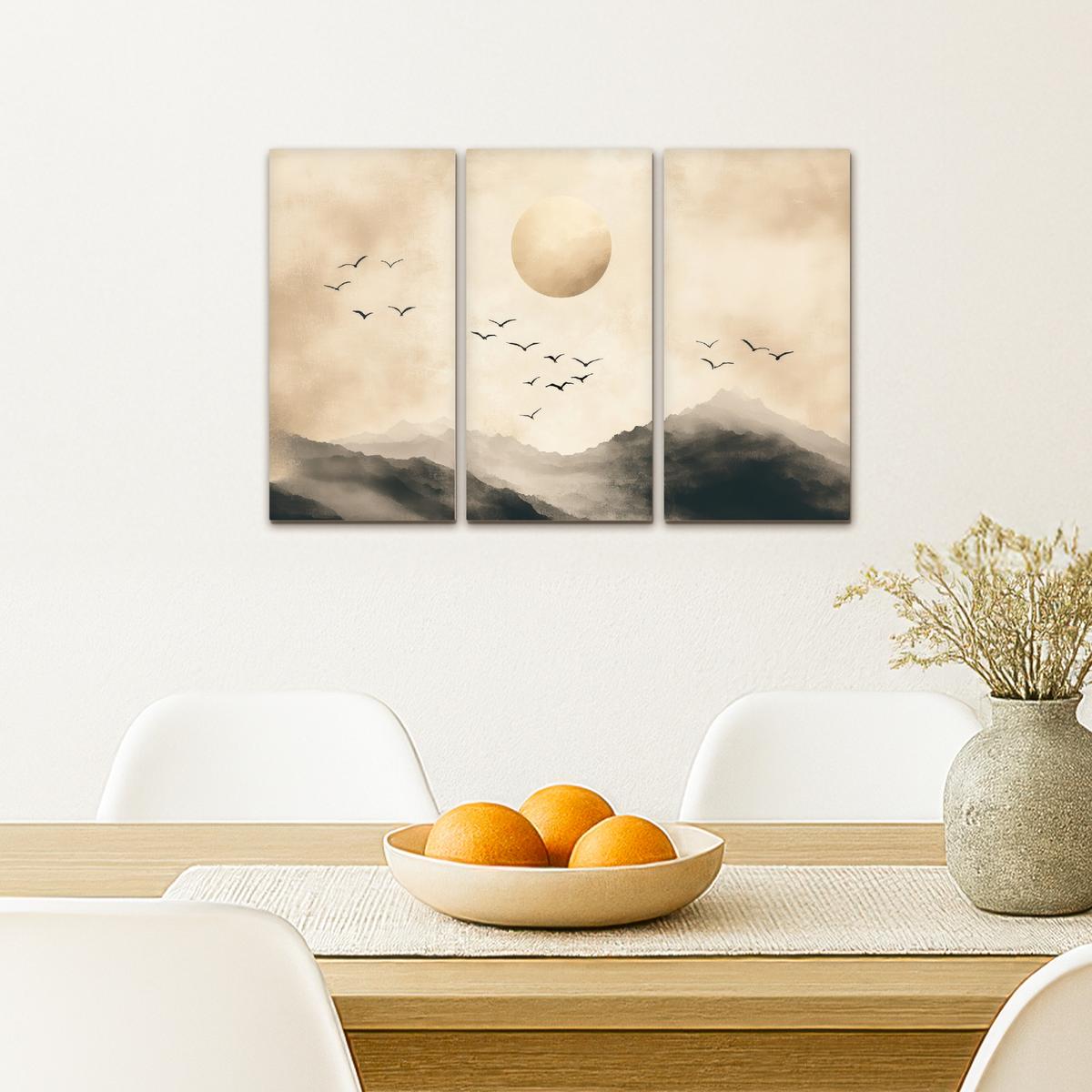 LEINWANDBILD 3er Set Landschaft - Japandi - Beige - Vögel 60x40 cm - Beige, Textil (60/40cm) - MuchoWow