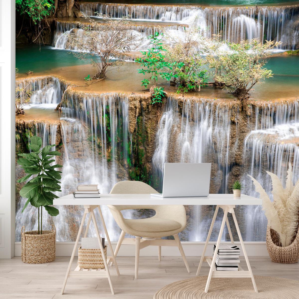 FOTOTAPETE für Wohnzimmer Wasserfall Panorama Pflanzen Natur 250x175 - Blau/Beige, Papier (250/175cm) - Muralo
