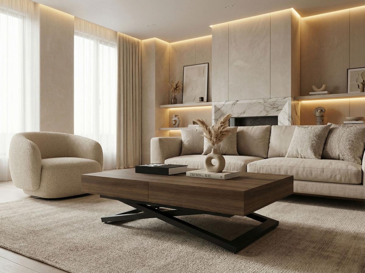COUCHTISCH Cavetta U höhenverstellbar ausziehbar, Walnuss Braun 120-200/80/27-76 cm - Walnussfarben/Schwarz, Holzwerkstoff/Metall (80/200/76cm) - WFL GROUP