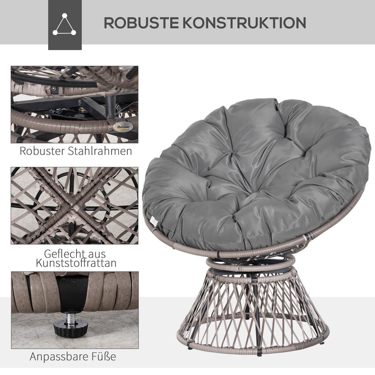 PAPASANSESSEL, Korbsessel, Sessel mit Polster, 360 Grad, Rattan, Grau - Grau, Kunststoff (97/86/87cm) - Outsunny